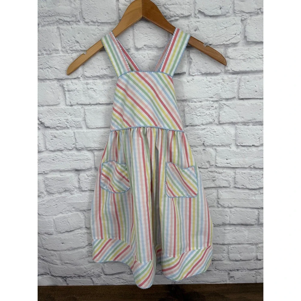 Shrimp & Grits Kids Girls Pastel Rainbow Stripe Sun Dress Pinafore Size 7